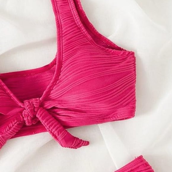 Kendall & Kylie Bikini Striped Laguna Snap Ribbed Knit Hot Pink SZ MEDIUM - Picture 2 of 9